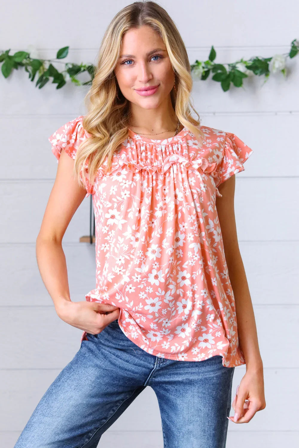Peach Floral Print Frilled Short Sleeve Yoke Top | Daverri Fashions