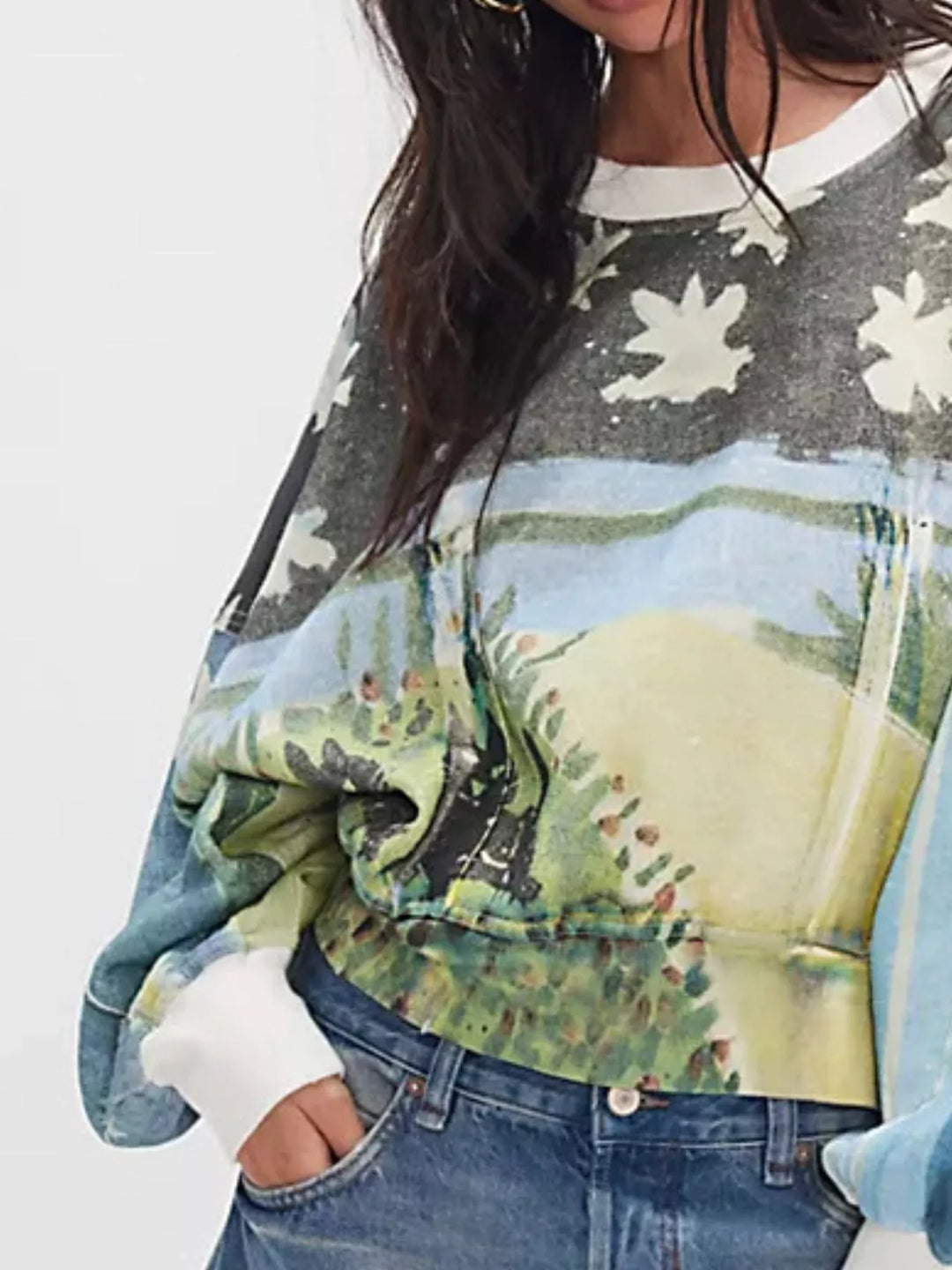 Printed Round Neck Dropped Shoulder Sweatshirt | Sweatshirts Daverri Fashions
