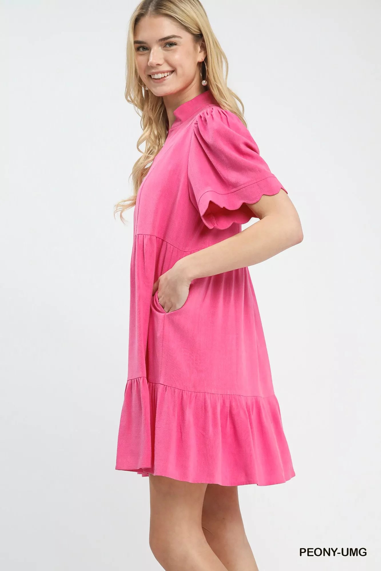 Umgee linen tiered babydoll dress in vibrant pink with scalloped puff sleeves
