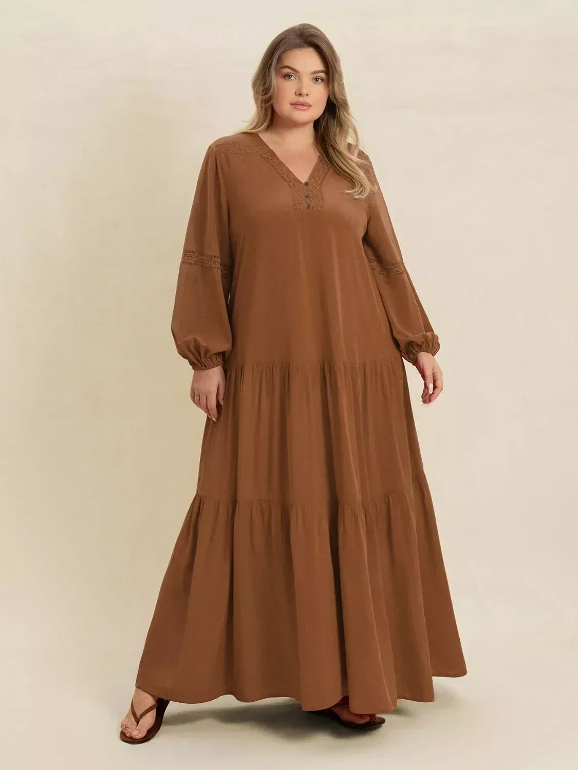 Plus Size Bohemian Tiered Maxi Dress with Balloon Sleeves - DAVERRI FASHIONS