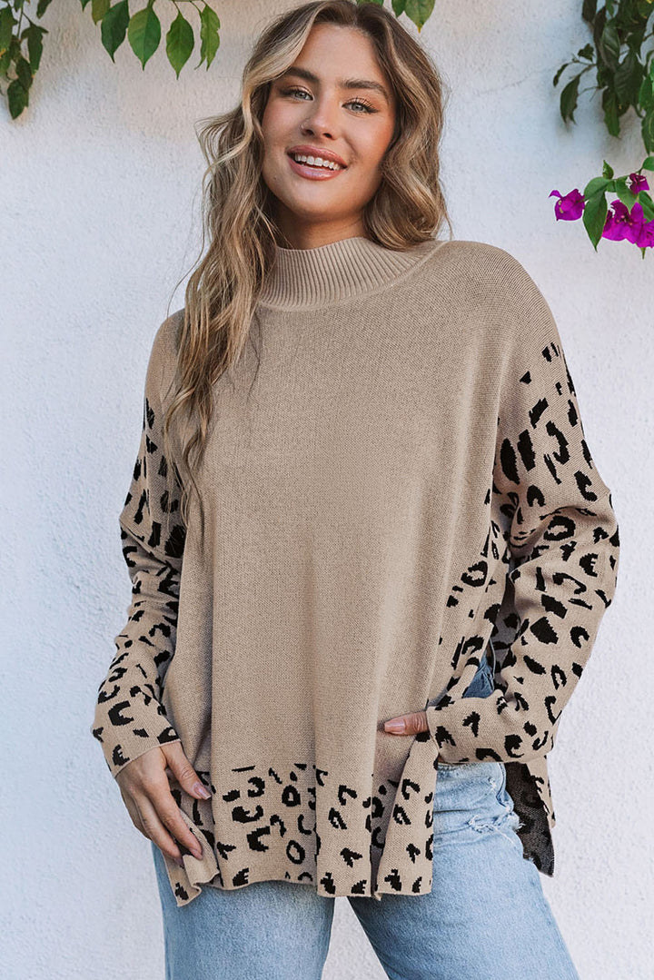 Khaki 55%Acrylic+45%Cotton Leopard High Neck Side Slit Oversized Sweater | Sweaters & Cardigans/Sweaters Daverri Fashions