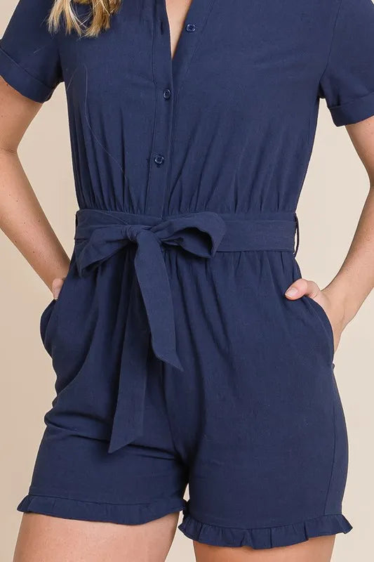 Lime 'N' Chili Collared Button Down Romper with Tie Belt Rompers