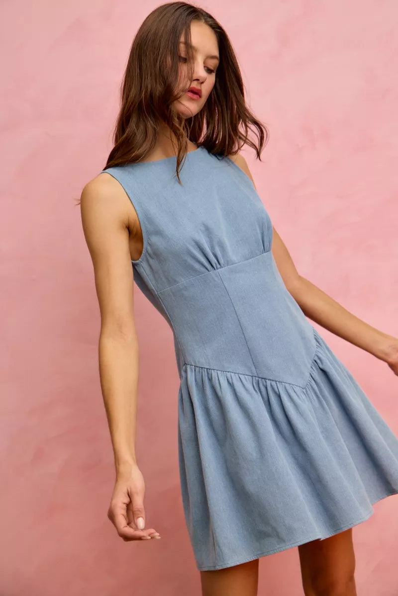 SO ME light blue sleeveless fit and flare denim mini dress