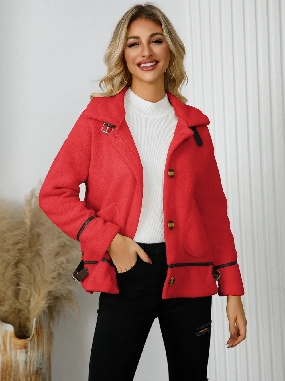 Pocketed Button Down Collared Neck Jacket | Jackets Daverri Fashions