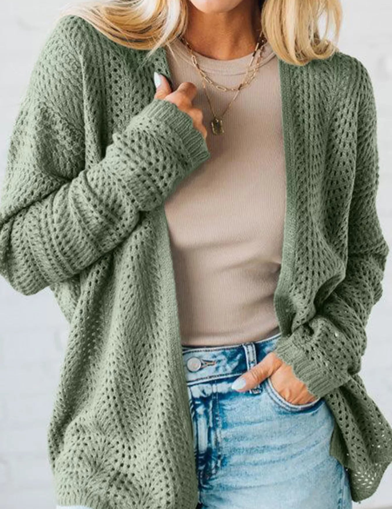 Sage M Scalloped Edge Eyelet Knit Batwing Sleeve Cardigan | Cardigans Daverri Fashions