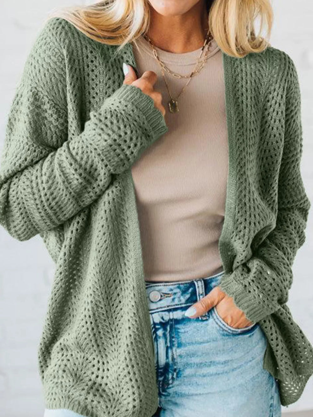 Sage Scalloped Edge Eyelet Knit Batwing Sleeve Cardigan | Cardigans Daverri Fashions