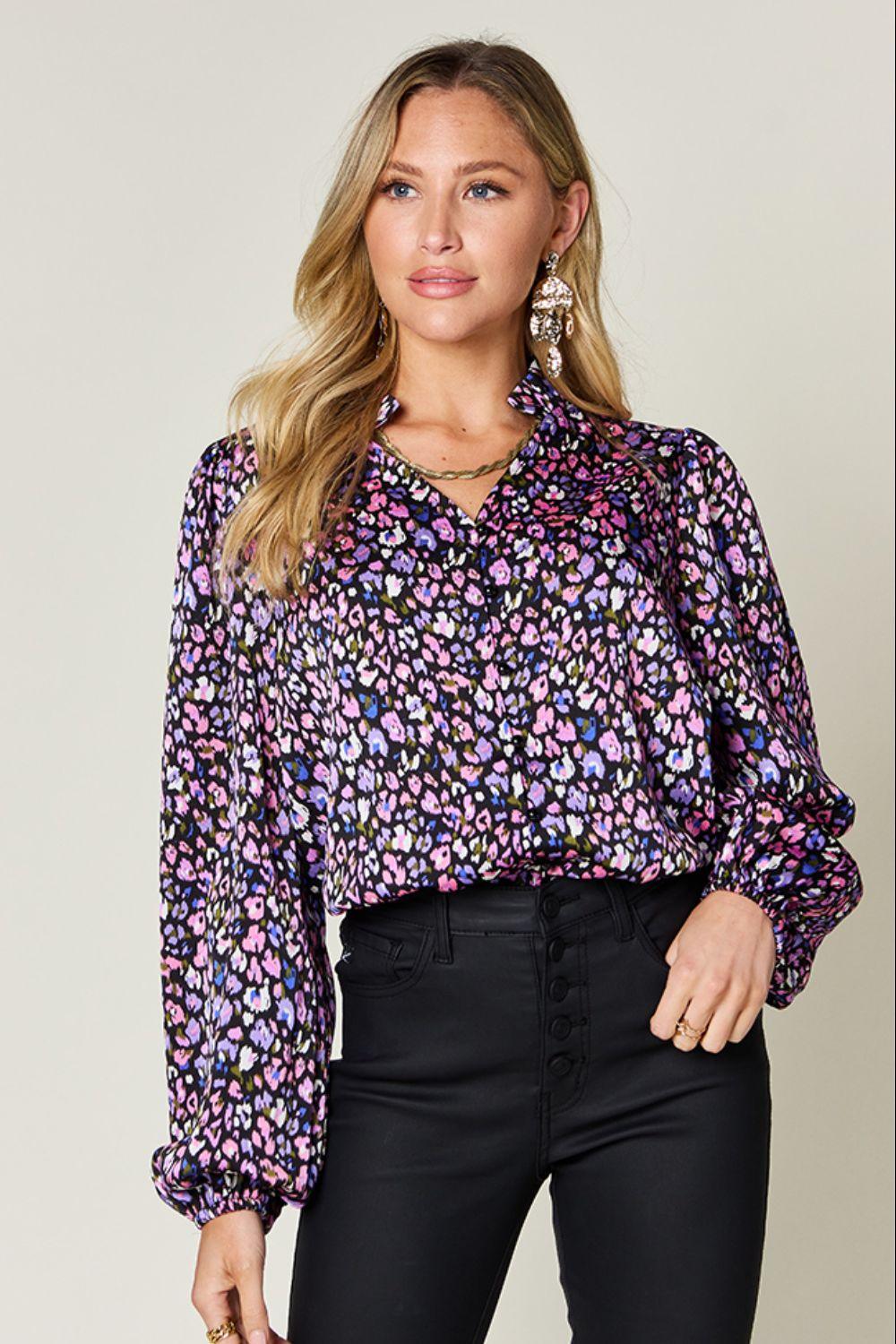 Double Take Full Size Printed Long Sleeve Blouse Purple Shirts & Tops