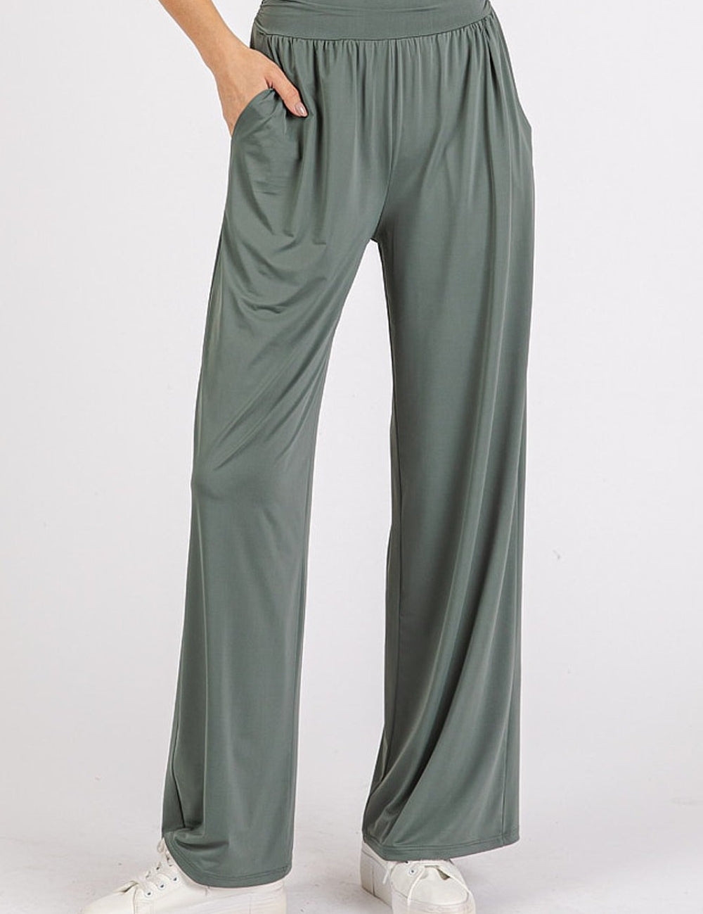 Mittoshop Stretch Banded Waist Wide Leg Pants with Pockets Army Green