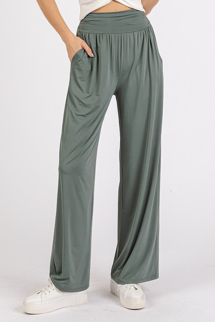 Mittoshop Stretch Banded Waist Wide Leg Pants with Pockets Army Green