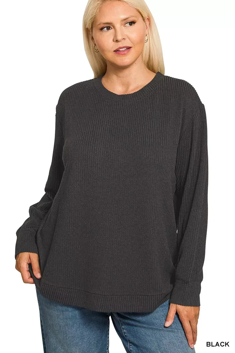 Zenana Full Size Raised Rib Round Neck Long Sleeve Top Plus Size - DAVERRI FASHIONS