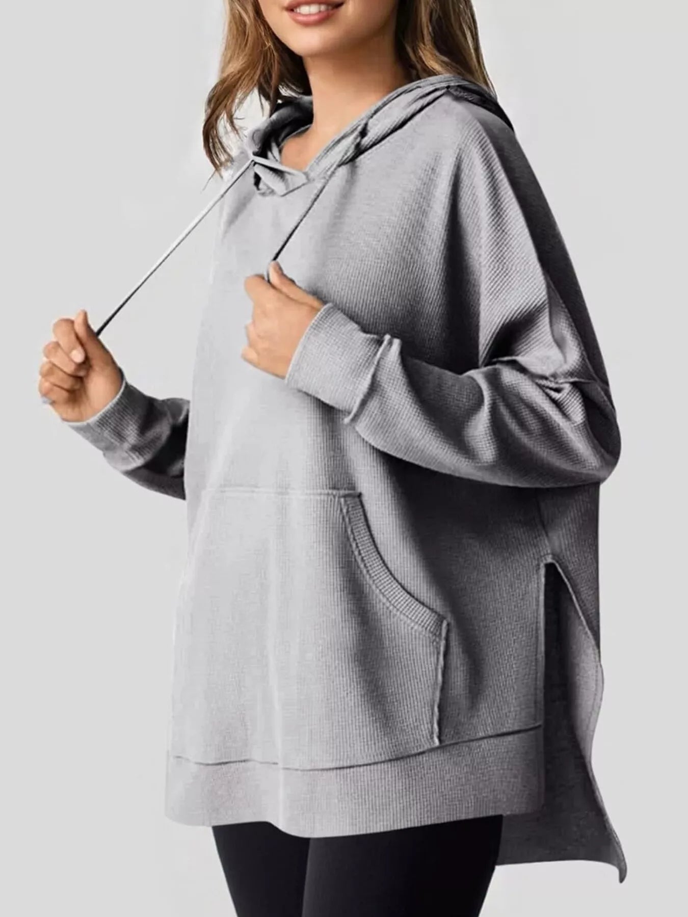 Daverri Fashions heather gray oversized hoodie with drawstring side slit