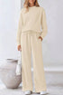 Cream-colored ribbed knit womens sweatsuit set with drawstring waist