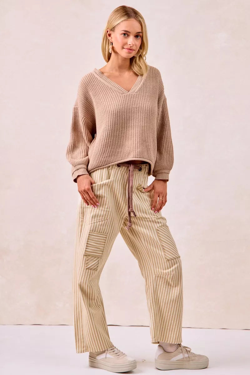 Beige ribbed knit v-neck sweater with BiBi drawstring pants