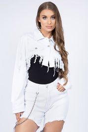 American Bazi Distressed Denim Jacket with Frayed Hem White L