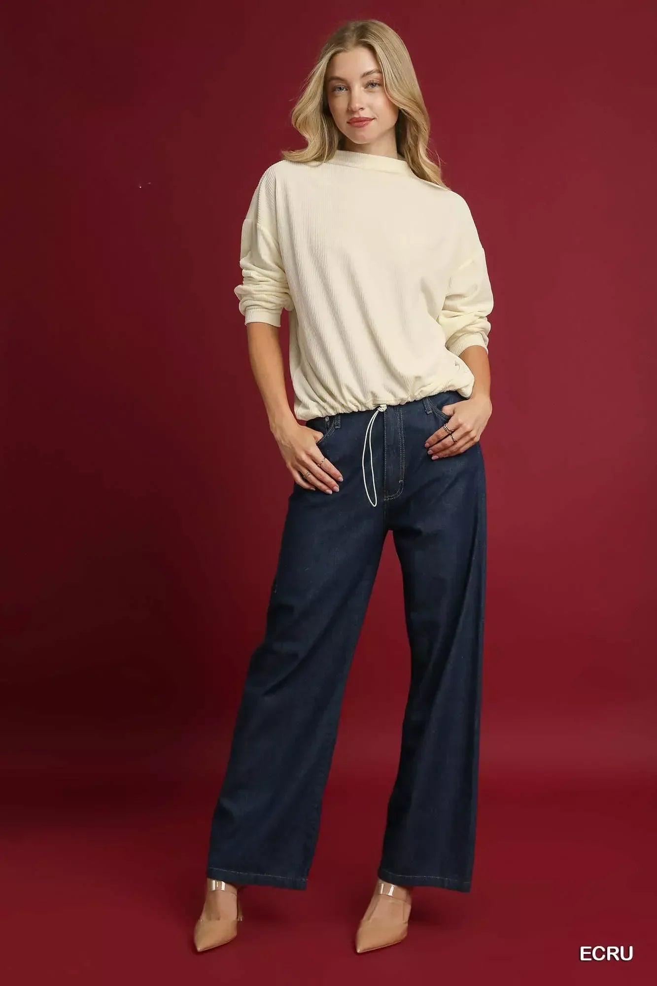 Umgee Ribbed Drawstring Hem Knit Top - DAVERRI FASHIONS