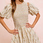 BiBi Floral Bow Tie Attachable Puff Sleeves off-white dress with smocked bodice