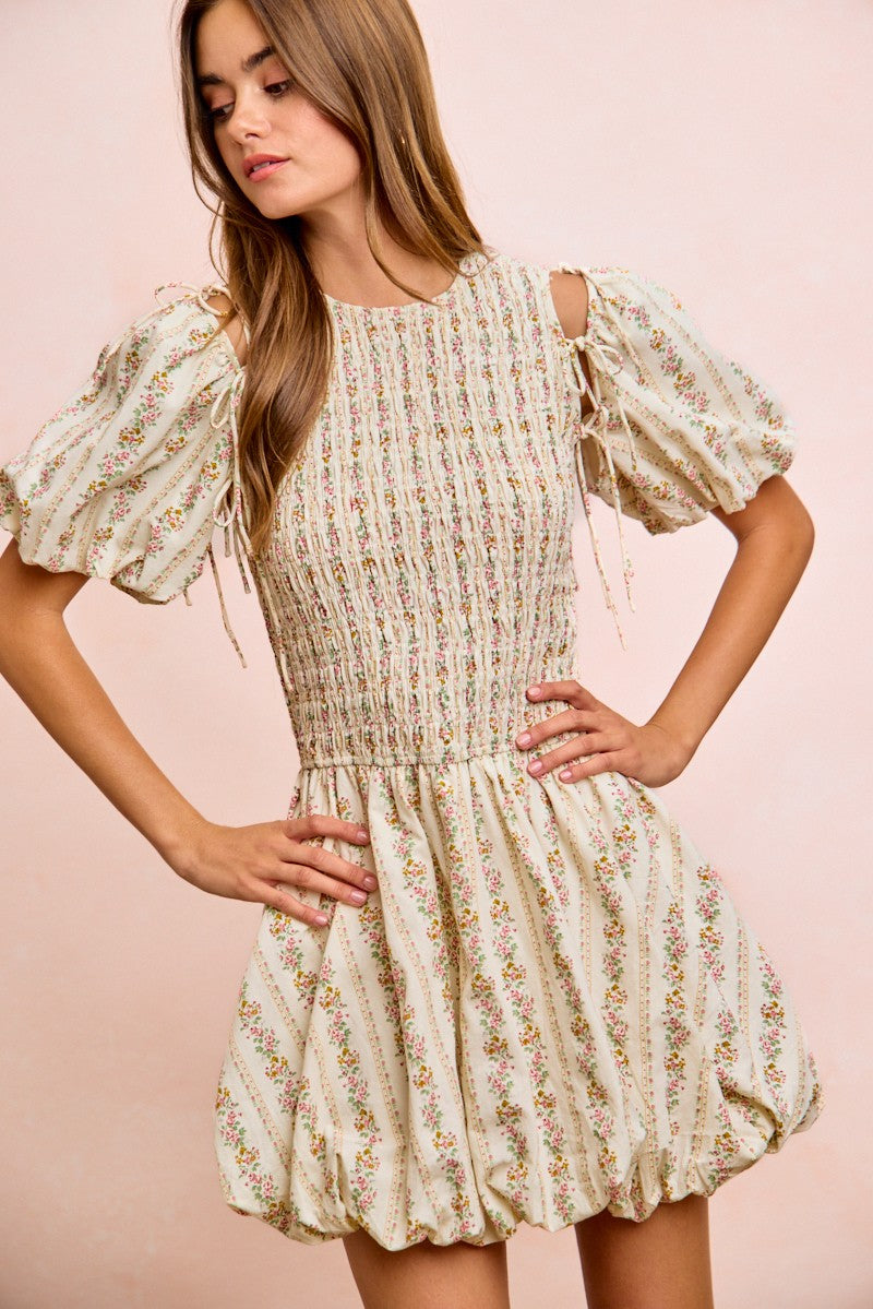 BiBi Floral Bow Tie Attachable Puff Sleeves off-white dress with smocked bodice