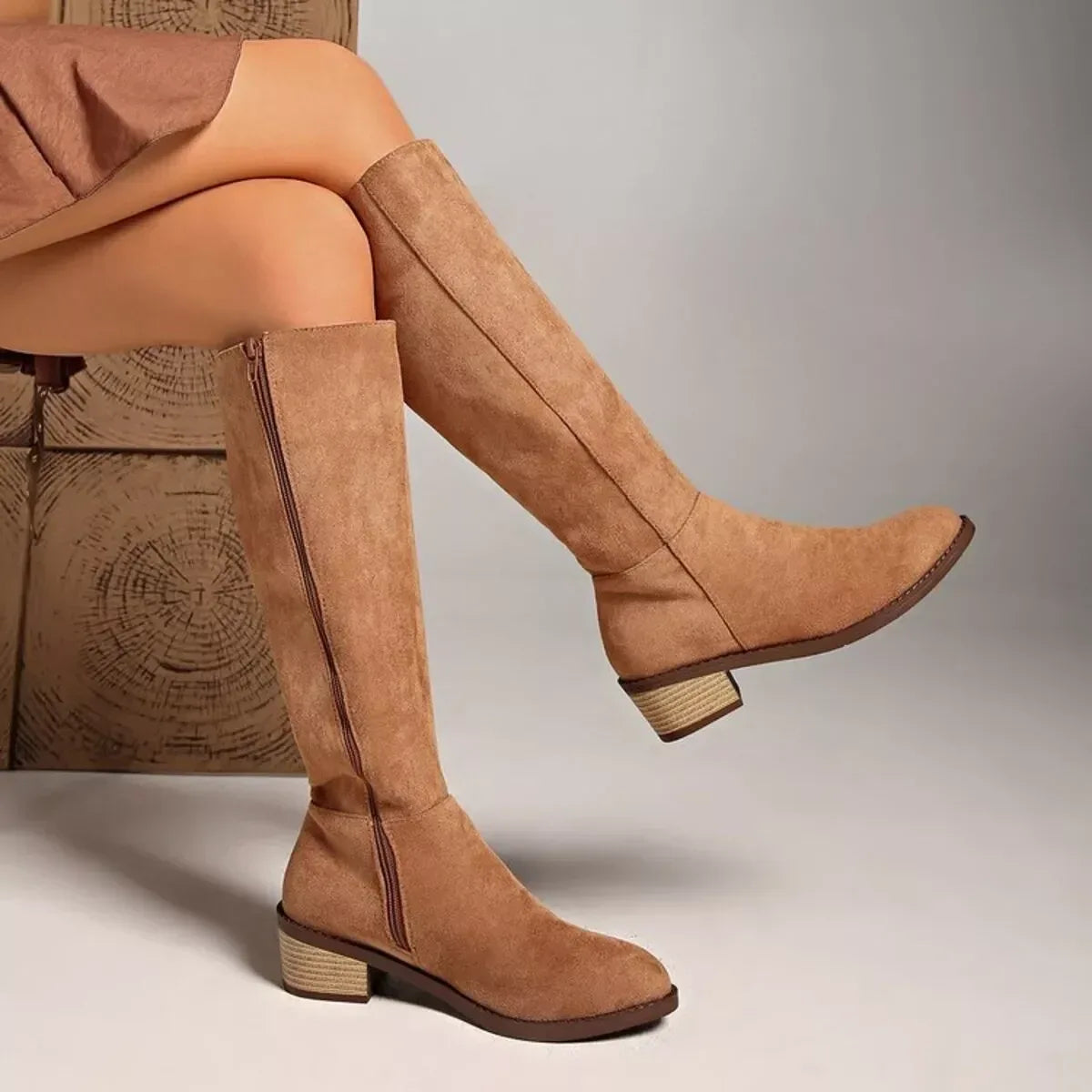 Side Zip Knee-High Block Heel Boots - DAVERRI FASHIONS