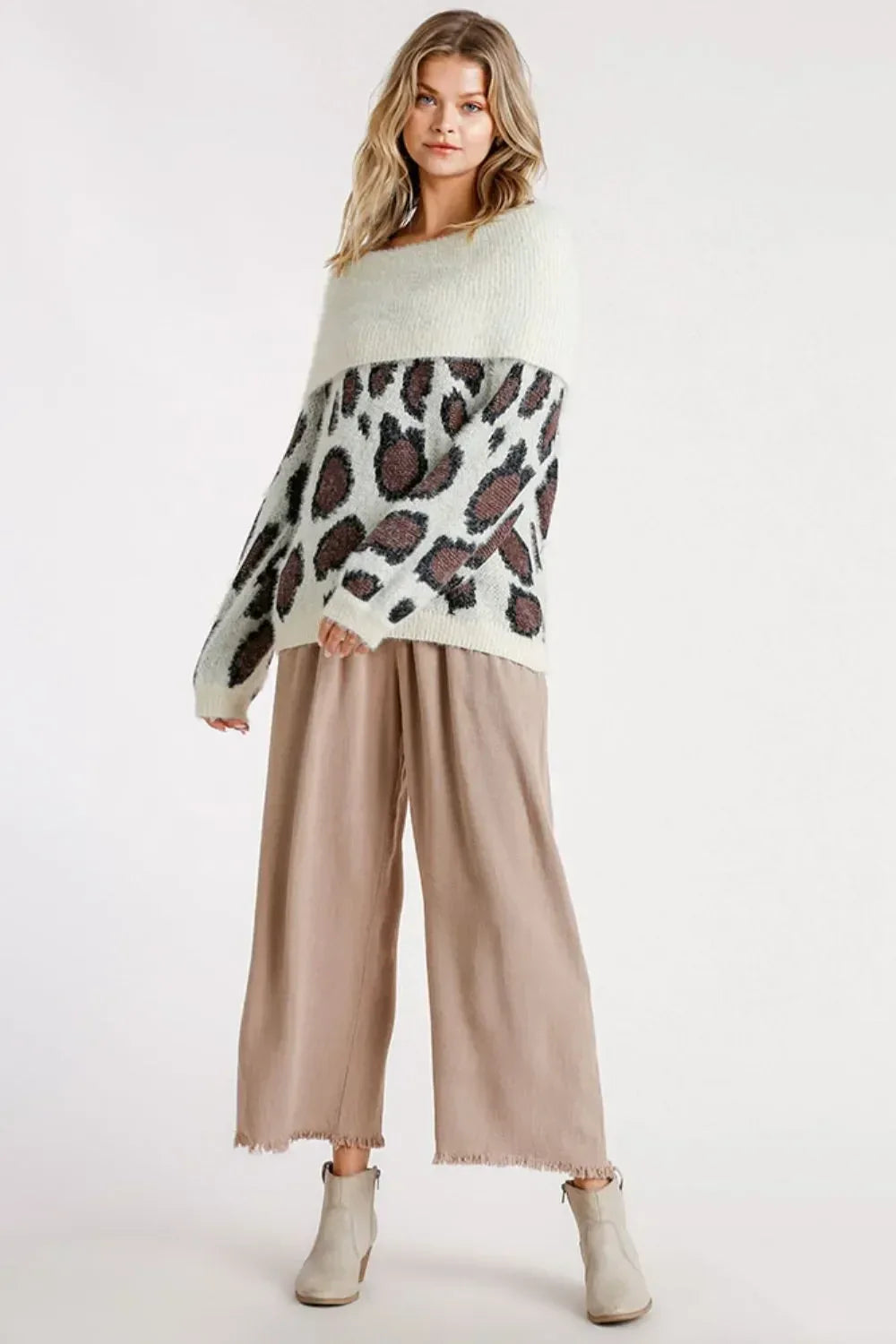 Umgee Plus Size Leopard Off-Shoulder Long Sleeve Sweater - DAVERRI FASHIONS