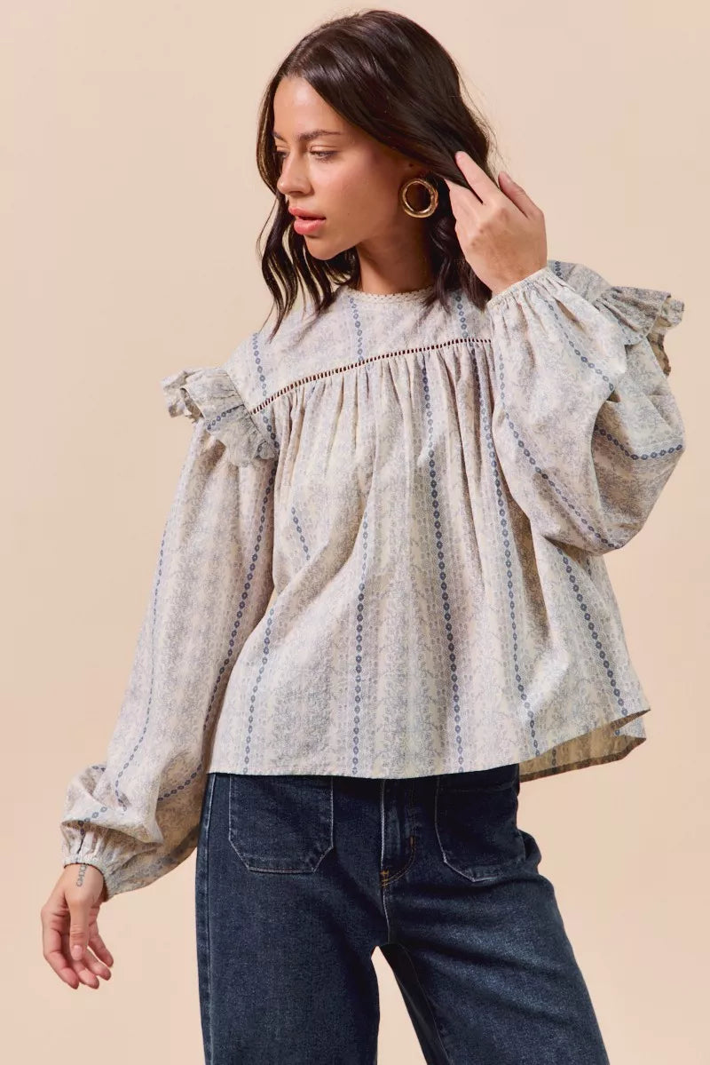SO ME Floral Cotton Print Ruffled Long Sleeve Blouse | Daverri Fashions