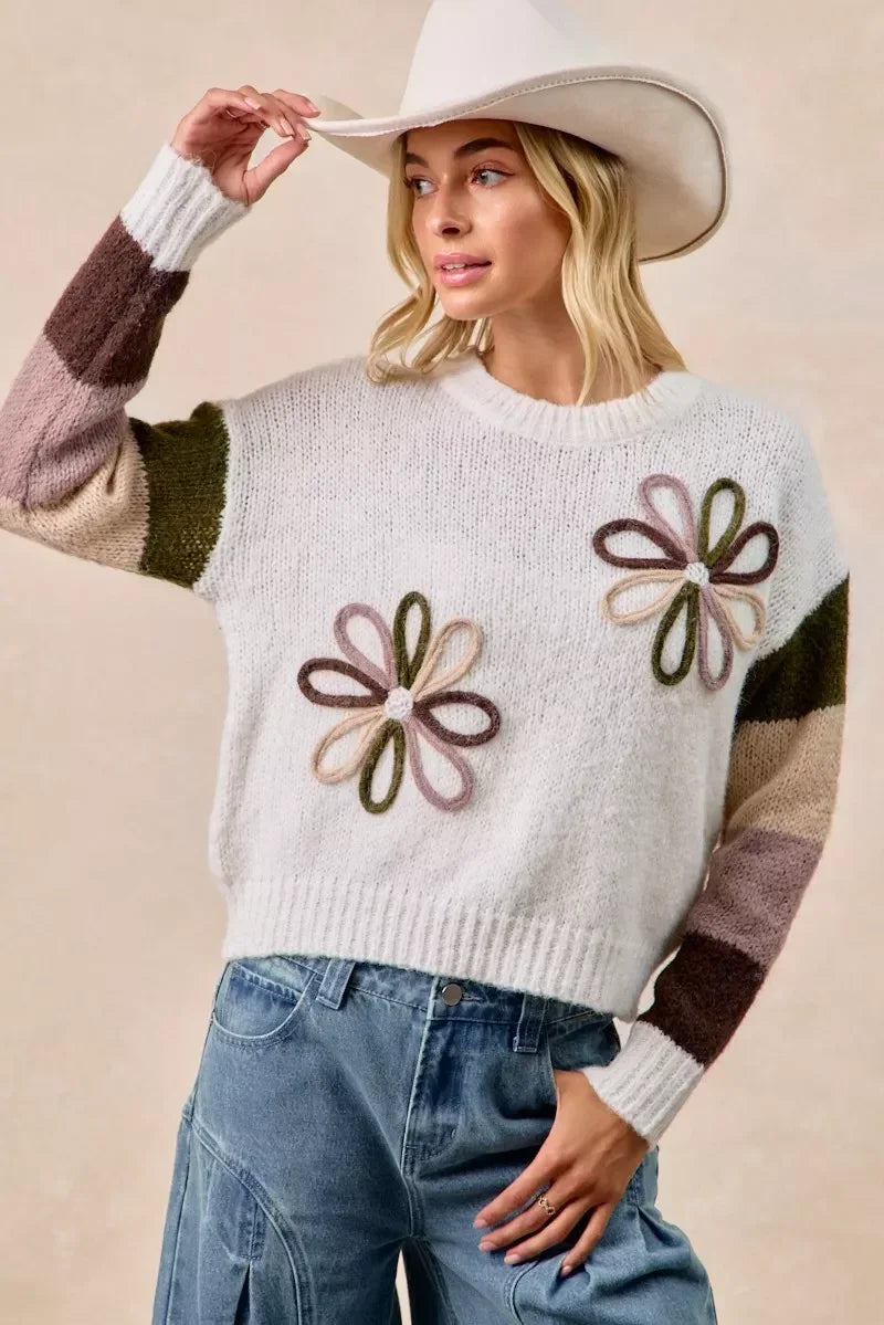 BiBi Flower Color Block Sweater - DAVERRI FASHIONS