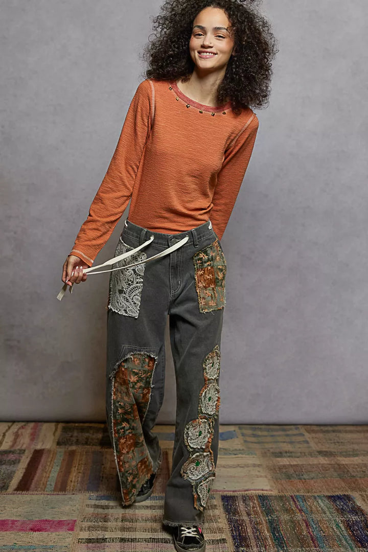 POL Round Neck Long Sleeve Contrast Stitching T-Shirt with Stud Detail | Daverri Fashions
