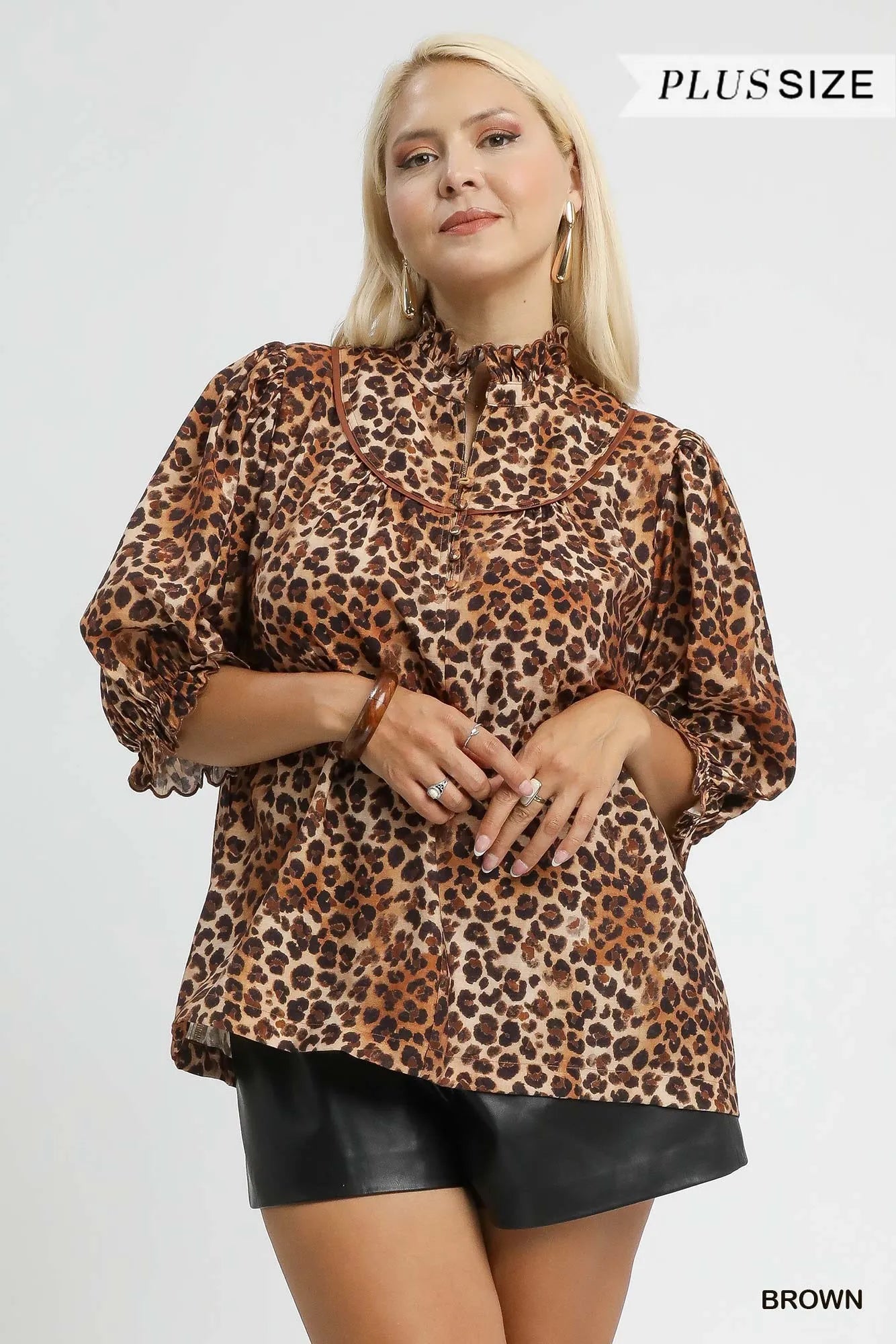 Umgee Full Size Leopard Print Ruffle Neck Blouse Plus Size Blouses