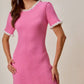 SO ME contrast ruffled sweater knit mini dress in vibrant pink ribbed knit with white frayed trim