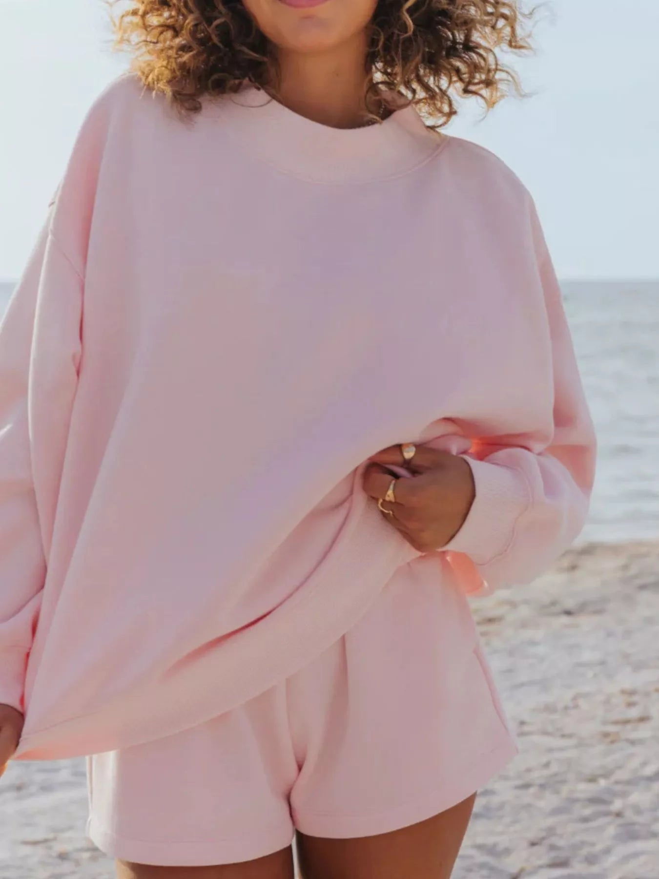 Pastel pink oversized relaxed fit round neck sweatshirt with long sleeves