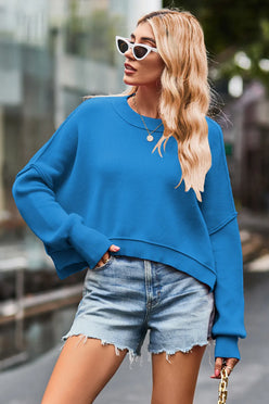 Vibrant blue round neck drop shoulder long sleeve oversized knit sweater