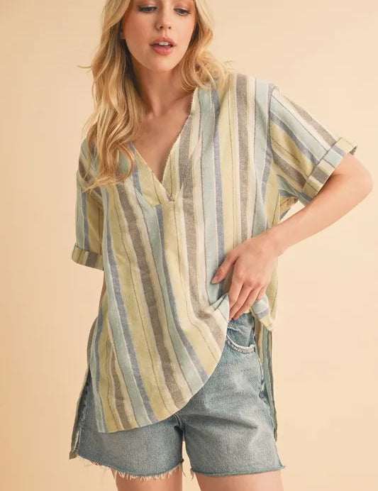 BLUE GREEN Aemi+Co Side Slit Striped Short Sleeve Blouse | Daverri Fashions