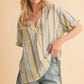 Aemi+Co Side Slit Striped Short Sleeve Blouse BLUE GREEN