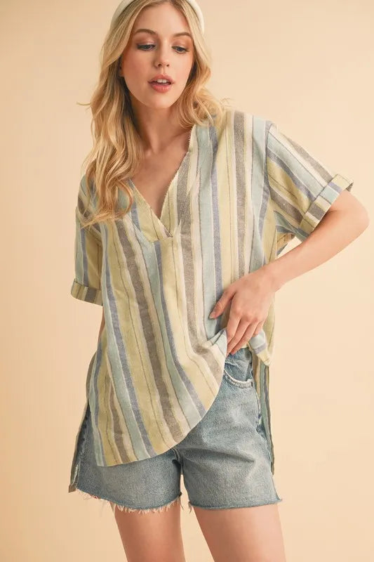 Aemi+Co Side Slit Striped Short Sleeve Blouse BLUE GREEN
