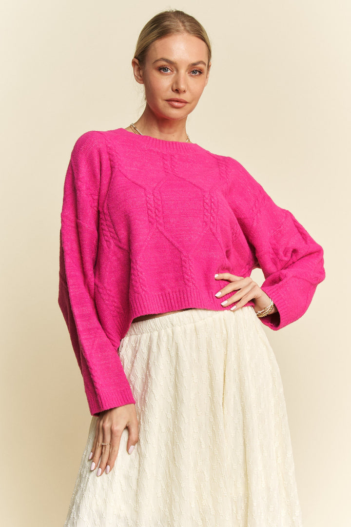 Davi & Dani Diamond Cable Pattern Drop Shoulder Sweater Pink