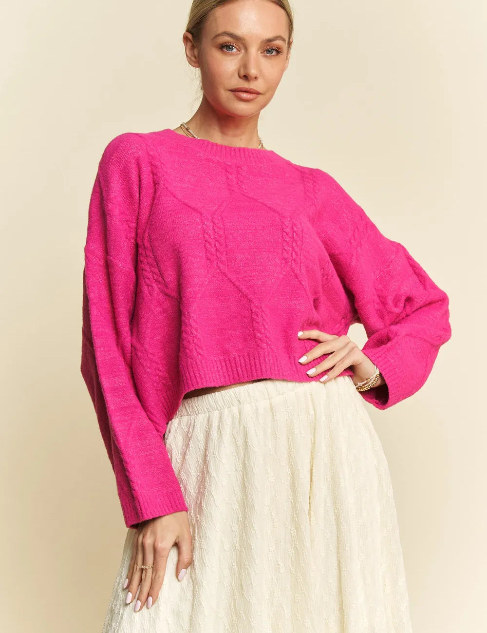 Pink Davi & Dani Diamond Cable Pattern Drop Shoulder Sweater | Sweaters Daverri Fashions