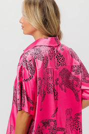 BiBi Leopard Print Short Sleeve Silky Satin Shirt Top | Tops Daverri Fashions