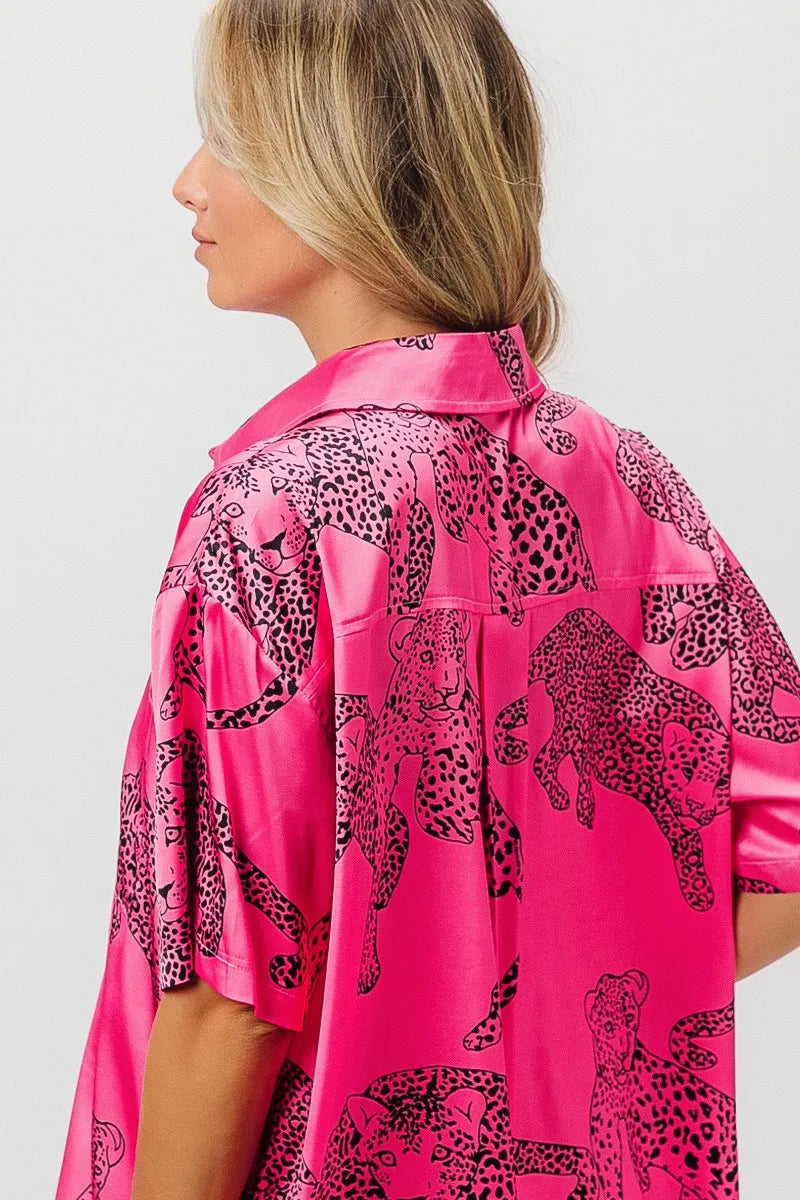 BiBi Leopard Print Short Sleeve Silky Satin Shirt Top Shirts