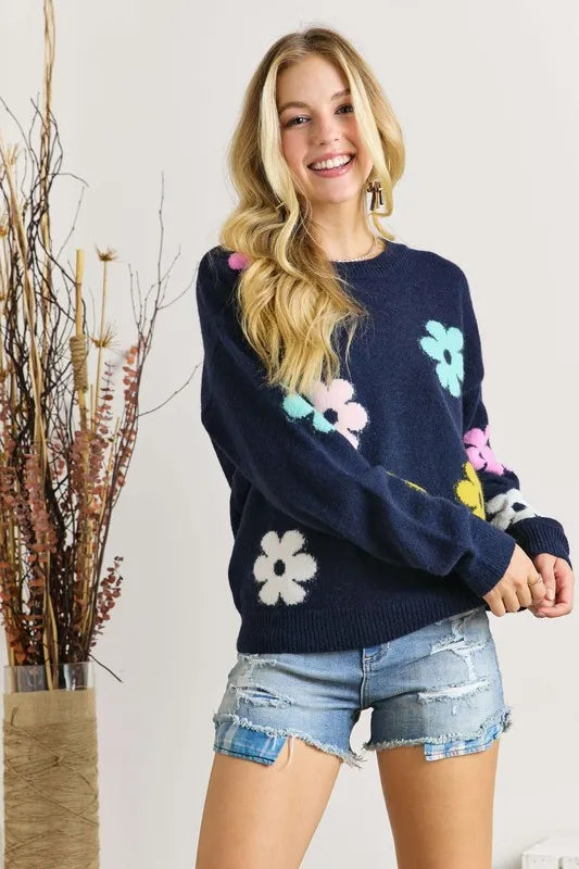 ADORA Flower Popped Sweater Plus Size | Sweaters Daverri Fashions
