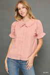 Blush Peter Pan collared blouse with ruffled collar and puffed sleeves