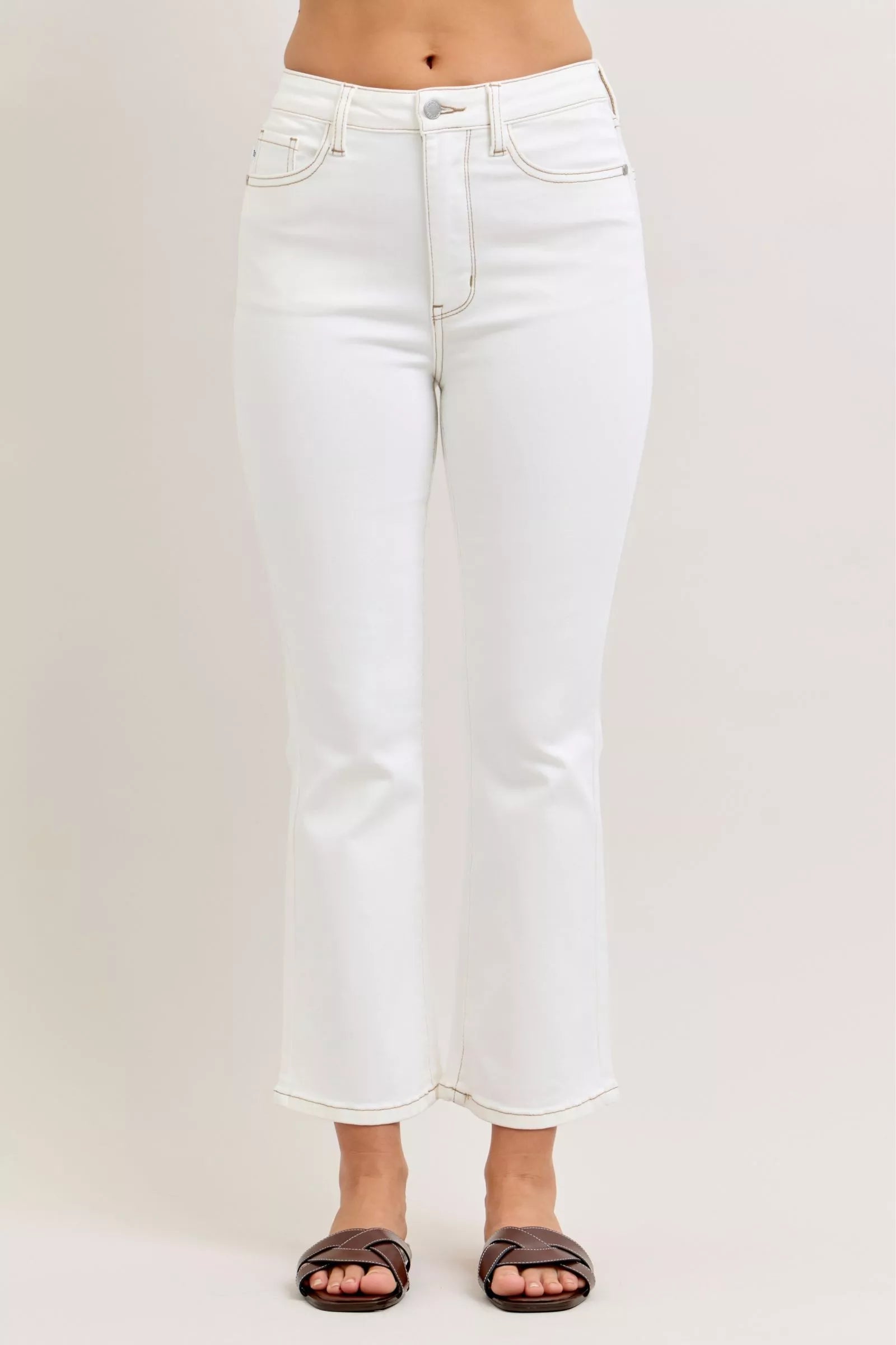 Judy Blue contrast stitching cropped flare jeans, white high-rise back view