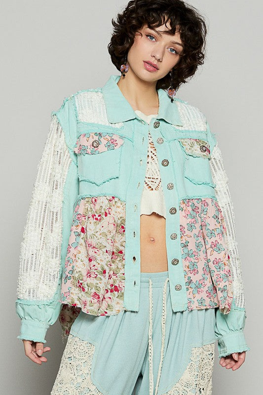 POL Floral Crochet Lace Frayed Edge Button Up Shacket Mint Blue