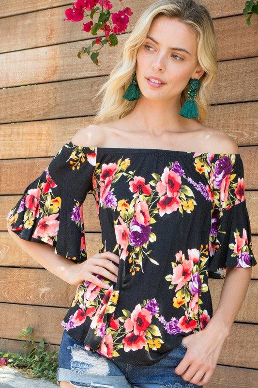 Plus Ruffle Sleeve Off Shoulder Floral Top Shirts & Tops