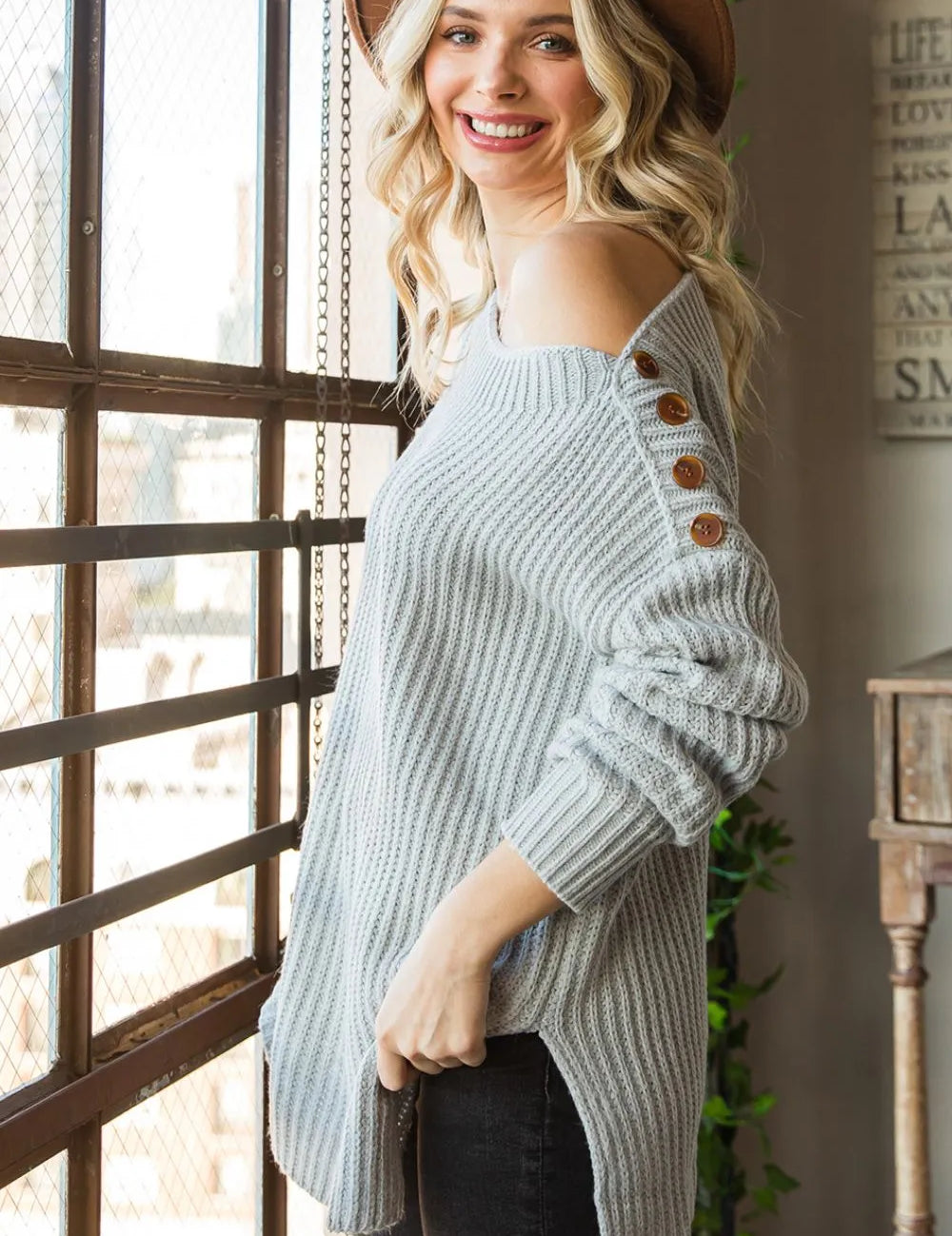 Grey ribbed side slit boat neck long sleeve sweater with wooden shoulder buttons