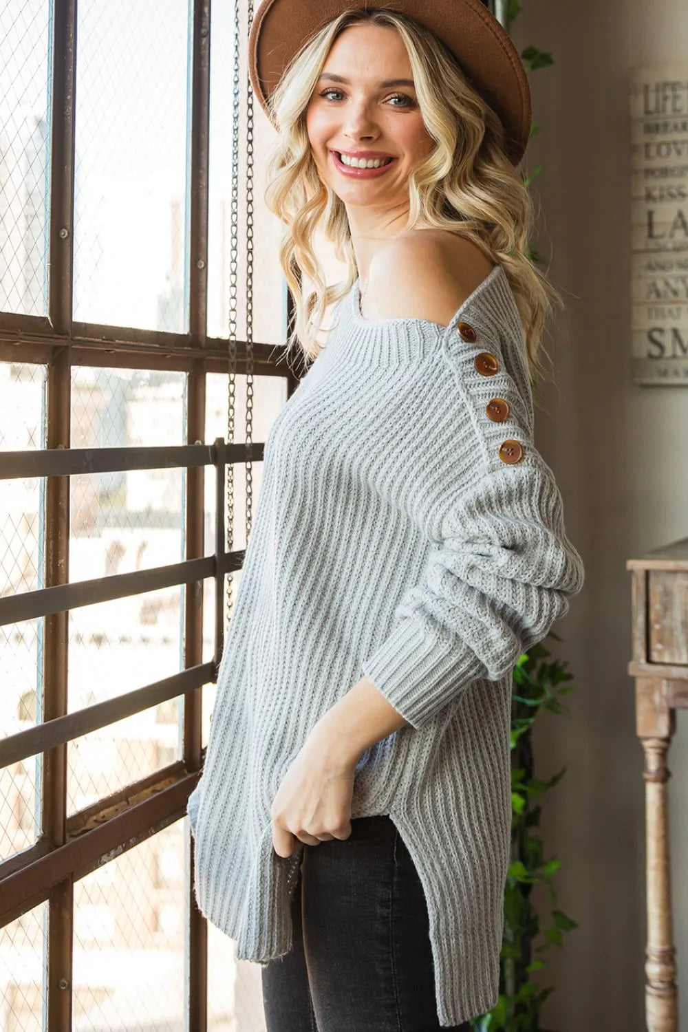 Grey ribbed side slit boat neck long sleeve sweater with wooden shoulder buttons