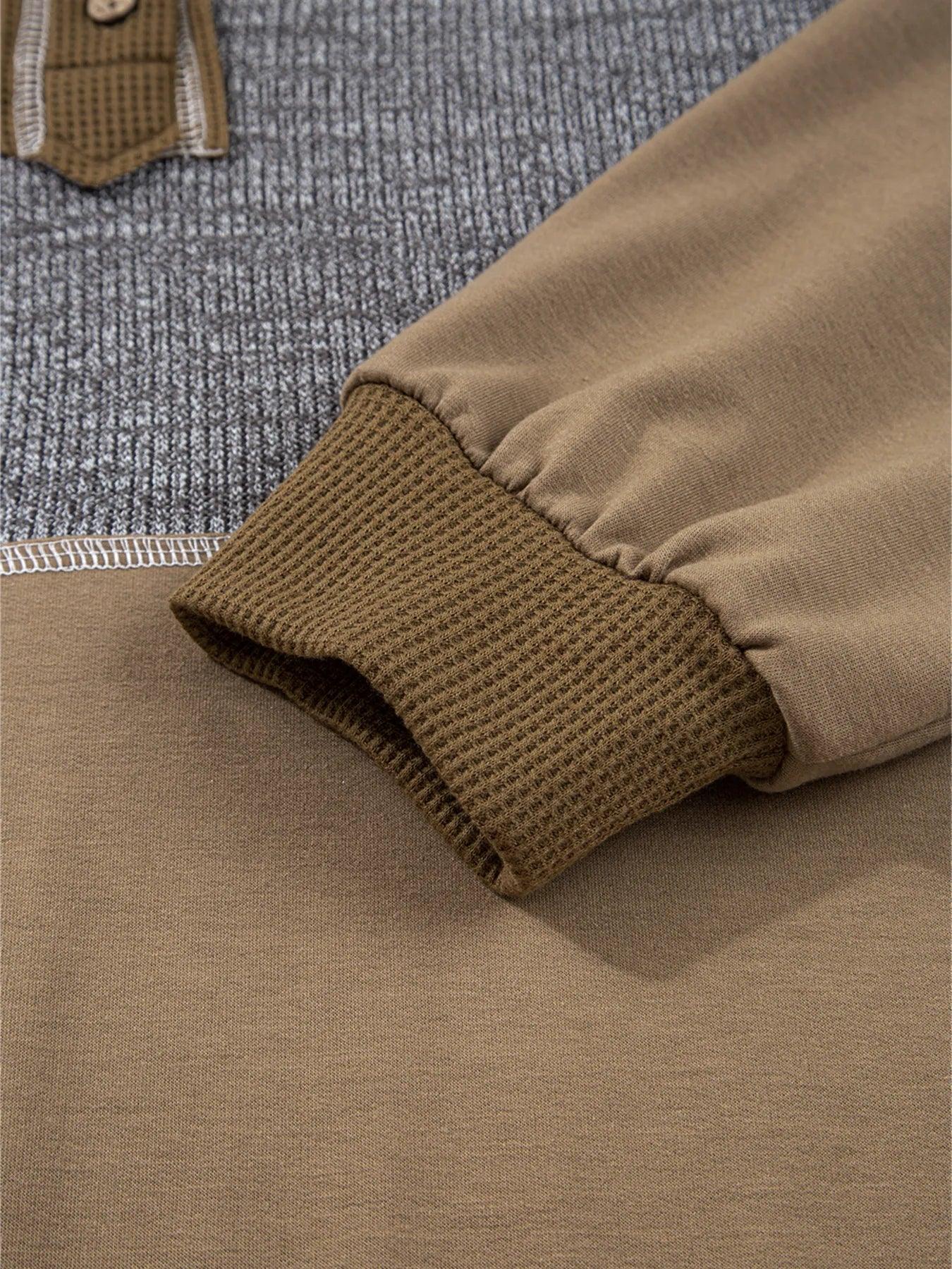 Mixed Texture Patchwork Exposed Seam Half Button Hoodie - DAVERRI FASHIONS