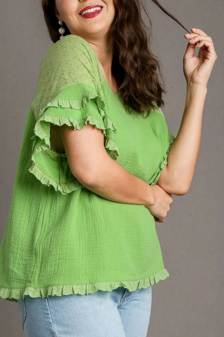 Umgee Cotton Gauze Round Neck Ruffle Eyelet Layered Sleeve Blouse Plus Size | Blouses Daverri Fashions
