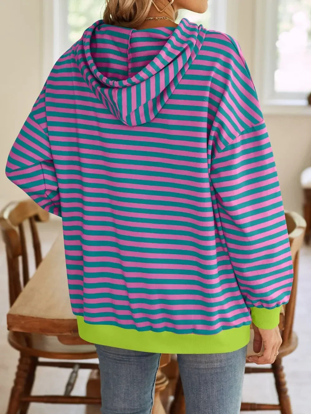 Lovelet Drawstring Striped Long Sleeve Hoodie - DAVERRI FASHIONS