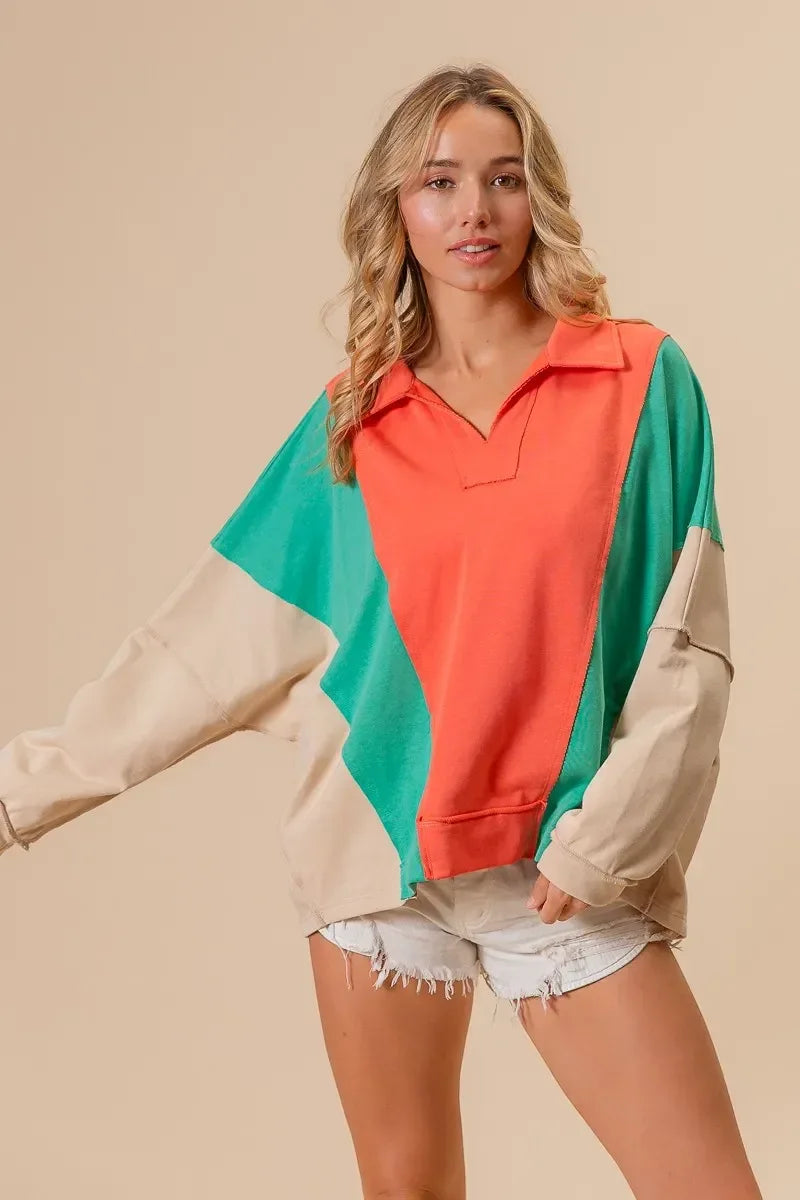 BiBi Colorblock Exposed Seam French Terry Sweatshirt - DAVERRI FASHIONS