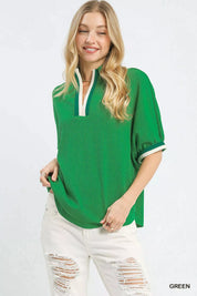 Umgee green and white textured knit top with v-neck and striped trim