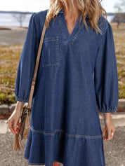 V Neck Collared Single Chest Pocket Long Sleeve Denim Dress | Mini Dresses Daverri Fashions